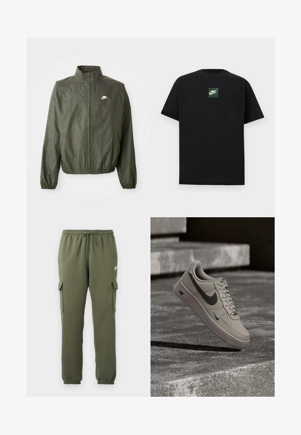 Olivgrüne Nike-Jacke mit hohem Kragen, Reißverschluss vorne, elastischen Bündchen und kleinem weißen Logo auf der linken Brust. Leicht und mit glatter Textur.; Schwarzes T-Shirt mit kurzen Ärmeln, das ein kleines grünes und beiges Nike-Logo in einem Quadrat zentriert auf der Brust zeigt, vor weißem Hintergrund.; Olivgrüne Cargo-Hosen mit elastischem Bund, Kordelzugverschluss, Seitentaschen und logo auf dem Oberschenkel. Glattes Baumwollmischgewebe.; Beiger Nike Air Force 1 Sneaker mit dunkelgrünem Swoosh-Logo, schwebend über strukturierten Betontreppen bei gedämpftem Licht.