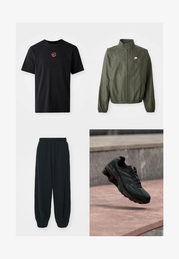 Olivgrüne Nike-Jacke mit hohem Kragen, Reißverschluss vorne, elastischen Bündchen und kleinem weißen Logo auf der linken Brust. Leicht und mit glatter Textur.; Schwarzes kurzärmeliges T-Shirt aus Baumwolle mit einem sechseckigen roten und weißen Nike-Logo auf der Brust und einem abgerundeten Ausschnitt.; Schwarze Sweatpants mit elastischem Bund, lockerer Passform, gerippten Beinabschlüssen, glatter Textur und ohne sichtbare Muster oder Hardware-Akzente.; Schwarzer athletischer Sneaker mit sichtbarer Air-Cushioning-Zwischensohle, der über einer rosa Steinoberfläche mit grauer Steinmauer im Hintergrund schwebt.