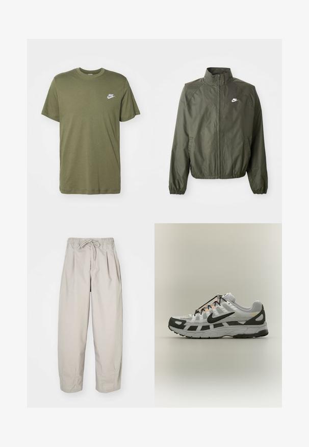 Olivivärvi Nike'i jakk, mis on koos kõrge krae, lukuga esiosa, elastsete varrukate ja väikese valge logoga vasakul rindkere piirkonnas. Kerge, siledastest materjalidest.; Olive rohelise puuvilla T-särk lühikeste varrukatega ja ümaranahkse kaelusega. Vasakul rinnal on väike valge Nike logo.; Beeži, kerged püksid elastse vöökoha ja nööriga. Omavad voldikuid ja laia istuvust, valmistatud pehmest, siledast kangast.; Valge ja hall spordijalats musta Nike logoga, mustade paelte ja oranžide detailidega neutraalsel taustal.