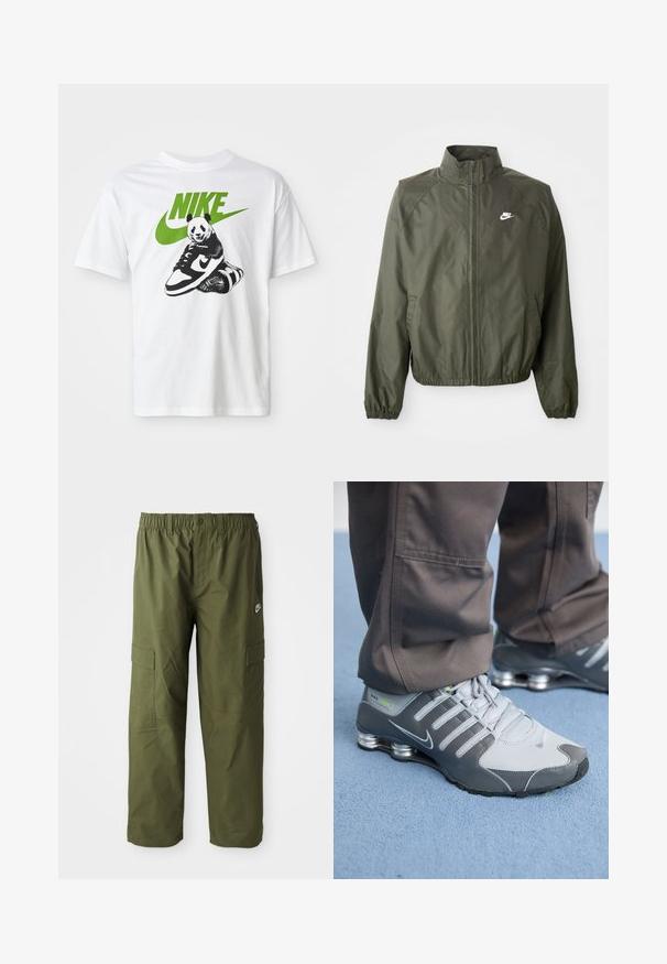 Olivgrüne Nike-Jacke mit hohem Kragen, Reißverschluss vorne, elastischen Bündchen und kleinem weißen Logo auf der linken Brust. Leicht und mit glatter Textur.; Weißes Baumwoll-T-Shirt mit einem schwarz-weißen Panda-Graphic, der einen Nike-Sneaker hält, mit einem grünen Nike-Logo darüber.; Nike Cargo-Hosen in dunkelolivgrün, ausgestattet mit einem elastischen Bündchen, zwei Seitentaschen und einem glatten, leichten Stoff.; Graue und silberne Nike Shox Sneakers zeichnen sich durch ein schlankes Design aus, mit Netz- und Synthetikmaterialien, einer abgerundeten Zehenpartie und einem gepolsterten Schuhkragen.