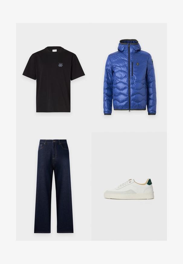 Chaqueta acolchada azul con capucha, cremallera frontal, bolsillo en el pecho con cremallera y puños elásticos, presentada sobre un fondo liso.; Camiseta de algodón negra con cuello redondo y mangas cortas. Presenta un pequeño logo azul en el lado izquierdo del pecho. Diseño simple y de corte recto.; Jeans de mezclilla azul oscuro con una cintura alta, pierna ancha y costuras en contraste. Las características incluyen bolsillos frontales y un solo bolsillo trasero.; Zapatilla blanca con acentos de ante, puntera redondeada, cordones planos y suela de goma color crema. Presenta un logo verde en el talón.