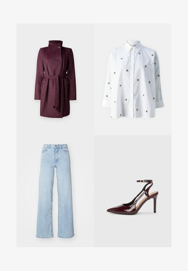 Bordeaux wollen jas met een hoge kraag, lange mouwen, strikceintuur en ritszakken aan de zijkant. Gladde textuur met een getailleerde pasvorm.; ONLY ONLNEW LINA GRACE LS EMB SHIRT NOOS WVN - Overhemdblouse - bright white/black; Lichtblauwe wijde jeans van denim. Met een hoge taille, knoopsluiting aan de voorkant en twee zakken. Gladde textuur met subtiele vervaging.; Bordeaux patentleren hoge hak schoenen met een spitse neus, enkelbandje en uitsnijdingen aan de zijkanten. Strakke en glanzende afwerking.