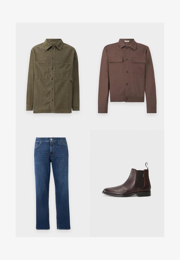 Bruine langarmige jas met puntige kraag, knoopsluiting aan de voorkant en twee borstflappenzakken op een effen achtergrond.; Olijfgroene corduroy shirt-jack met een puntige kraag, een voorste knoopsluiting en twee borstzakken met klep.; Donkergewassen spijkerbroek met een rechte pijp, vijf zakken, sluiting met knopen en rits, en oranje stikselaccenten. Soepele textuur.; Bruine leren enkelboot met elastische zijpanelen en een trekhaak. Gladde textuur, ronde neus en een lage gestapelde hak.