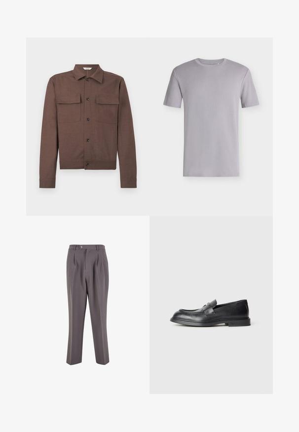 Veste marron à manches longues avec col pointu, fermeture par boutons à l'avant et deux poches à rabat sur la poitrine, sur un fond uni.; T-shirt gris clair à manches courtes en maille gaufrée, col rond, posé à plat avec tissu texturé et ourlet droit.; Pantalons plissés gris en tissu lisse, avec une coupe droite, une fermeture à bouton unique et des poches latérales en biais.; Mocassins en cuir noir avec une finition texturée, dotés d'une bride décorative à l'avant et d'un bout arrondi. Semelle en caoutchouc pour plus de durabilité.