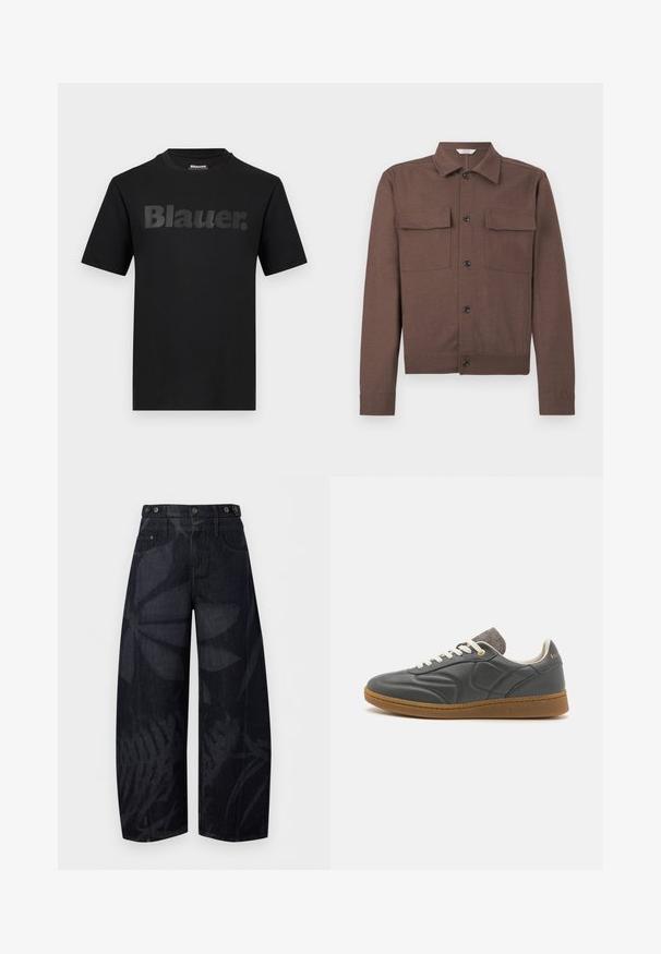 Veste marron à manches longues avec col pointu, fermeture par boutons à l'avant et deux poches à rabat sur la poitrine, sur un fond uni.; T-shirt noir à manches courtes avec l'inscription "Blauer." en grandes lettres gris foncé sur la poitrine et un col rond.; Pantalon en denim noir taille haute à jambes larges, avec motifs subtils de feuilles sombres et détails de boutons à la taille.; Baskets en cuir gris foncé avec un bout arrondi, lacets blancs, semelle en caoutchouc beige et légers accents en tissu gris au niveau du col. Détail du logo doré.