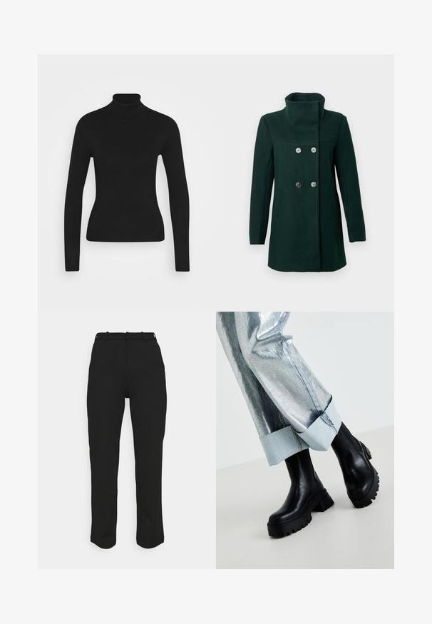 Mørkegrøn uldblanding frakke med høj krave, dobbeltknaplukning, sølvknapper og sidelommer. Glat tekstur og skræddersyet pasform.; Sort turtleneck sweater med lange ærmer, lavet af et glat strikket stof. Har et tætsiddende design og en ribbet krave.; Sorte skræddersyede bukser med en lige pasform, fremstillet af et glat stof. Har bæltestropper og en ren talje uden synlige lommer.; Sorte chunky ankelstøvler med teksturerede såler, iført sølvmetallic bukser med en lys denimopretning. Minimalistisk design, slanke materialer.