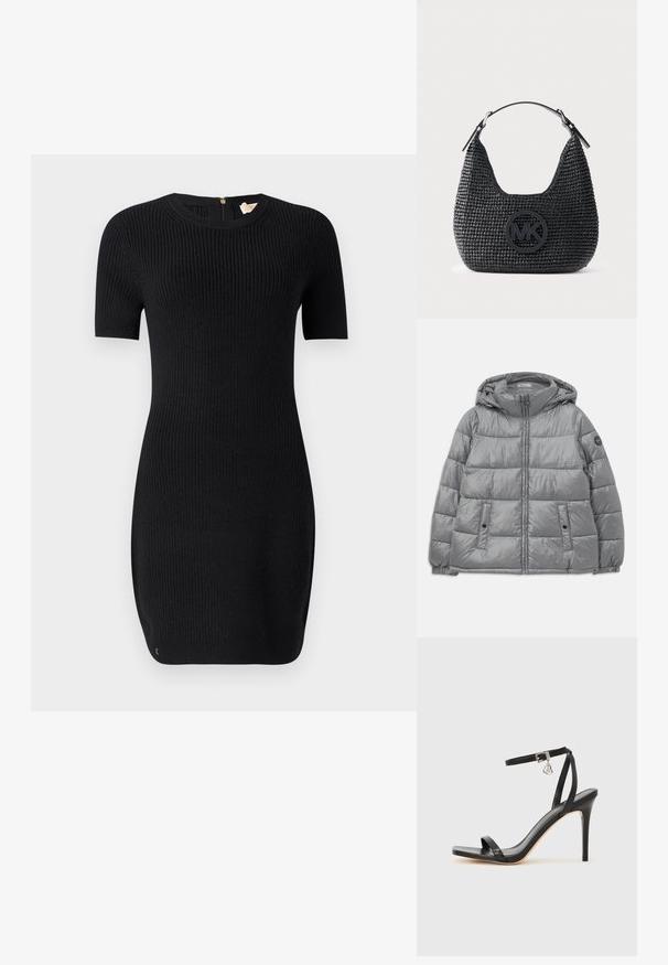 Veste grise rembourrée avec capuche, fermeture éclair à l'avant, deux poches latérales, poignets élastiques et un logo circulaire sur la manche gauche. Texture lisse et brillante.; Robe noire en tricot avec une texture côtelée, manches courtes et col rond. Elle possède une fermeture éclair dans le dos et a une coupe ajustée.; Sandale à talon haut noire avec une bride étroite à la cheville, bout carré, cuir lisse et accent de boucle métallique.; Sac à main tissé noir avec poignée supérieure incurvée et emblème rond du logo MK centré à l'avant.