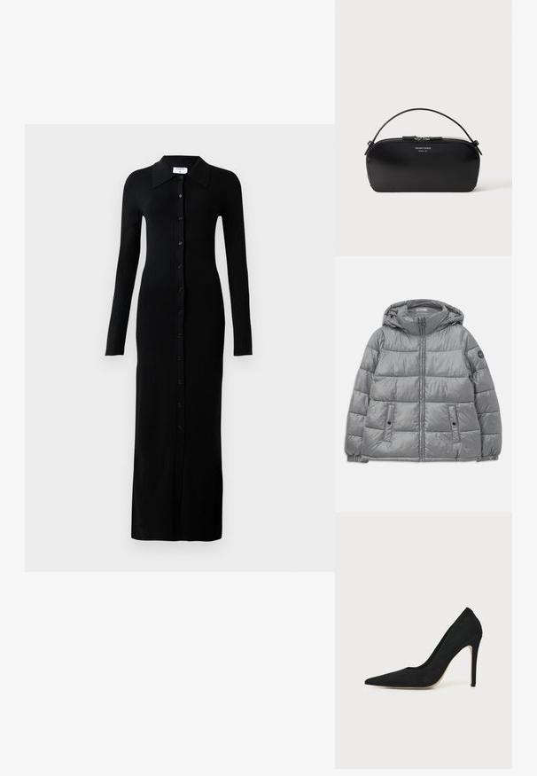 Gepolsterte graue Jacke mit Kapuze, Reißverschluss vorne, zwei seitlichen Taschen, elastischen Bündchen und einem runden Logo auf dem linken Ärmel. Glatte, glänzende Textur.; Schwarzes, geripptes Langarmkleid mit Kragen, das eine durchgehende Knopfleiste und eine figurbetonte Silhouette aufweist.; Schwarzer High-Heel Stiletto-Pumps mit spitzer Kappe und glatter Oberfläche, seitlich auf hellem, einfachem Hintergrund gezeigt.; Schwarze Leder-Armbandtasche mit silbernem Reißverschluss und kurzem Griff, geprägtes Emporio Armani Milano 1981-Logo auf der Vorderseite.