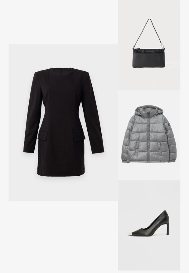 Veste grise rembourrée avec capuche, fermeture éclair à l'avant, deux poches latérales, poignets élastiques et un logo circulaire sur la manche gauche. Texture lisse et brillante.; Robe noire à manches longues avec un col rond, deux poches avant et une coupe élégante, fabriquée dans un tissu lisse avec un minimum de détails.; Chaussure à talon haut en cuir noir avec bout pointu et capuchon argenté métallique. Présente une finition lisse et un talon fin de 10 cm.; Porte-monnaie en cuir noir, finition texturée, fermeture à glissière, quincaillerie en métal argenté, logo de la marque, bandoulière réglable. Forme compacte et rectangulaire.