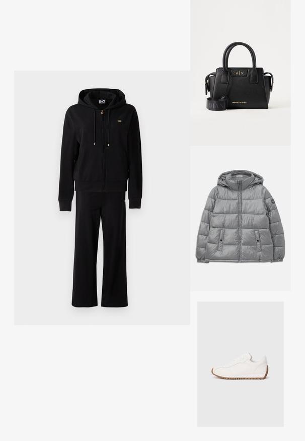 Gepolsterte graue Jacke mit Kapuze, Reißverschluss vorne, zwei seitlichen Taschen, elastischen Bündchen und einem runden Logo auf dem linken Ärmel. Glatte, glänzende Textur.; Schwarze Zip-Hoodie mit Kordeln und passenden weiten Hosen, die kleine goldene Logodetails auf der Brust und Hüfte aufweisen.; Weißer Sneaker mit Obermaterial aus glattem Leder, texturiertem Gummisohle, runder Fußspitze und dezenten Nähten. Kontrastierende braune Gummisohle.; Schwarze Armani Exchange Handtasche mit zwei Griffen, goldenem Markenlogo auf der Vorderseite und einem breiten schwarzen verstellbaren Schulterriemen mit Armani-Schriftzug.