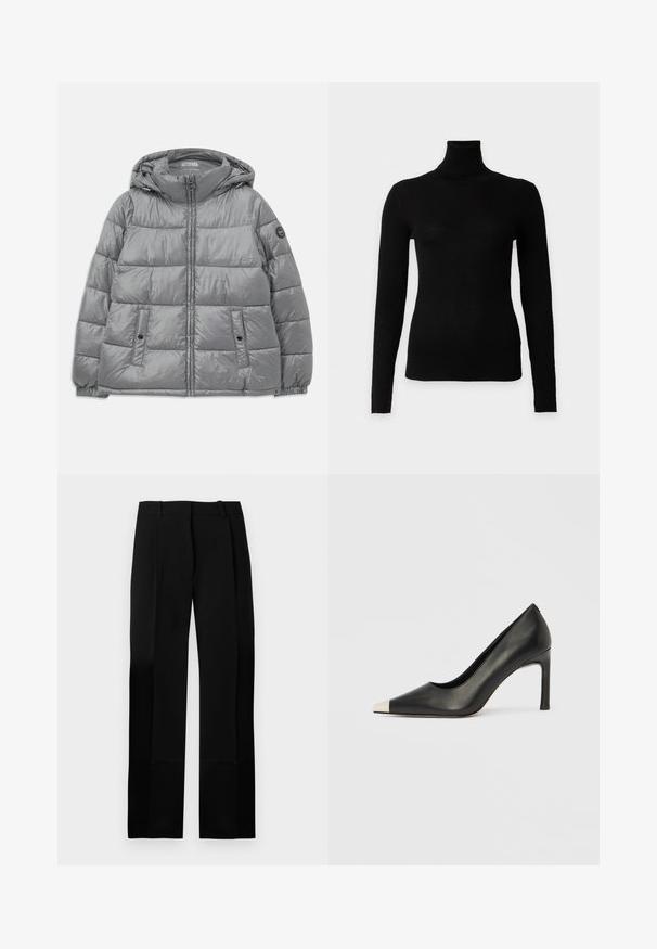Veste grise rembourrée avec capuche, fermeture éclair à l'avant, deux poches latérales, poignets élastiques et un logo circulaire sur la manche gauche. Texture lisse et brillante.; Pull noir à côtes à manches longues avec col roulé et silhouette ajustée sur fond blanc uni.; Pantalon noir sur mesure avec une texture lisse, coupe droite et plis à l'avant. Comprend une ceinture plate sans quincaillerie visible.; Chaussure à talon haut en cuir noir avec bout pointu et capuchon argenté métallique. Présente une finition lisse et un talon fin de 10 cm.