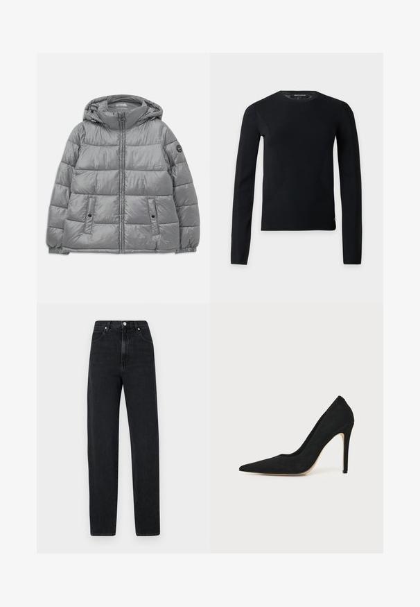 Veste grise rembourrée avec capuche, fermeture éclair à l'avant, deux poches latérales, poignets élastiques et un logo circulaire sur la manche gauche. Texture lisse et brillante.; Pull noir à manches longues avec col rond, coupe slim et détails subtils de couture, présenté sur un fond clair uni.; Jean noir à jambe droite en denim. Présente une taille haute, une fermeture à bouton en métal, cinq poches et des détails de couture subtils.; Escarpin stiletto noir à talon haut avec bout pointu et texture lisse, présenté de profil sur un fond clair uni.