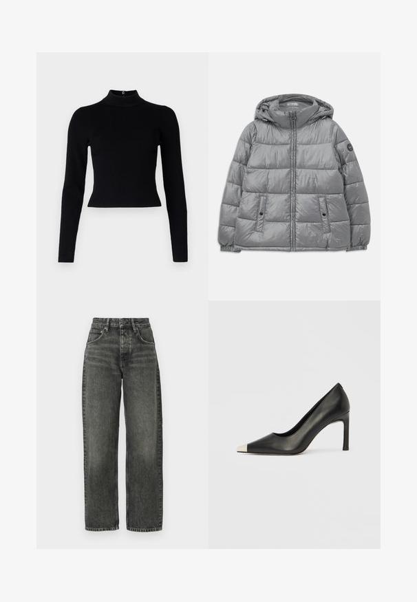 Polstret grå jakke med hætte, lynlås foran, to sidelommer, elastiske manchetter og et rundt logo på venstre ærme. Glat, skinnende overflade.; Sort ribbet turtleneck sweater med lange ærmer og en tætsiddende silhuet, der har en glat overflade og en lynlåsdetalje på ryggen.; Won Hundred ALEXANDRA - Jeans Relaxed Fit - tinted black; Sort læder højhælet sko med spids tå og metal-sølv hætte. Har en glat finish og en slank hæl på 10 cm.