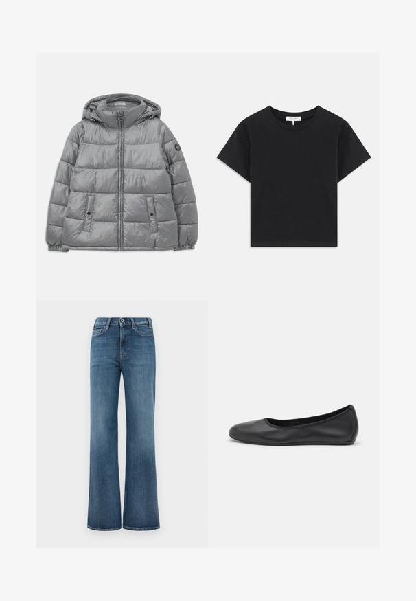 Polstret grå jakke med hætte, lynlås foran, to sidelommer, elastiske manchetter og et rundt logo på venstre ærme. Glat, skinnende overflade.; Sort cropped t-shirt lavet af bomuld, med rund halsudskæring, korte ærmer og et enkelt design uden mønstre eller pynt.; Blå denimjeans med bred benklip, knap- og lynlåslukning samt for- og baglommer, præsenteret på en simpel hvid baggrund.; Sort læderballetsko med rund tå, glat tekstur, minimal syning og et fleksibelt såldesign.