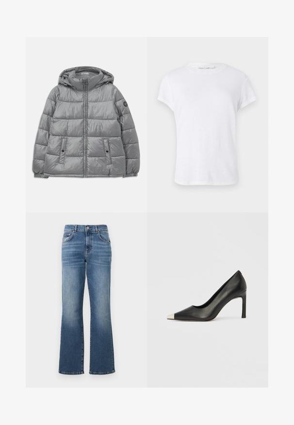 Gepolsterte graue Jacke mit Kapuze, Reißverschluss vorne, zwei seitlichen Taschen, elastischen Bündchen und einem runden Logo auf dem linken Ärmel. Glatte, glänzende Textur.; Weißes T-Shirt mit kurzen Ärmeln und rundem Halsausschnitt, aus leichtem Stoff gefertigt, mit einem einfachen, schlichten Design ohne Verzierungen.; Blaue Denim-Jeans mit geradem Bein, mittelhoher Taille, fünf Taschen Design und dezenten Verwaschungen entlang der Beine.; Schwarzer Lederschuh mit hohem Absatz, spitz zulaufender Zehenpartie und metallischer silberner Spitze. Verfügt über eine glatte Oberfläche und einen schlanken 10 cm hohen Absatz.