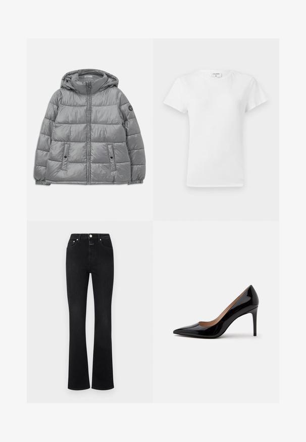Gepolsterte graue Jacke mit Kapuze, Reißverschluss vorne, zwei seitlichen Taschen, elastischen Bündchen und einem runden Logo auf dem linken Ärmel. Glatte, glänzende Textur.; Weißes Baumwoll-T-Shirt mit Rundhalsausschnitt und kurzen Ärmeln, das einen lockeren Sitz und ein minimalistisches Design aufweist. Etikett am Hals sichtbar.; Schwarze, ausgestellte Jeans aus Denim mit hoher Taille, fünf Taschen, goldfarbener Hardware und glatter Textur.; Schwarzer Lackleder-Pumps mit hohem Absatz, spitzer Schuhspitze und Stilettabsatz, seitlich auf einem schlichten weißen Hintergrund dargestellt.