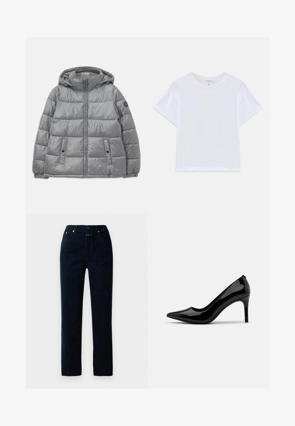 Polstret grå jakke med hætte, lynlås foran, to sidelommer, elastiske manchetter og et rundt logo på venstre ærme. Glat, skinnende overflade.; Hvid cropped t-shirt lavet af blødt bomuld, med rund hals og korte ærmer og en let løs pasform. Ingen mønstre eller accenter.; Marinblå kordfløjlsbukser med lige ben, der har frontlommer, lynlåsgylpter og metalknapdetaljer på taljen.; Sorte laklæder højhælede pumps med spids tå og slank silhuet, prydet med en glat overflade og minimalistisk design.