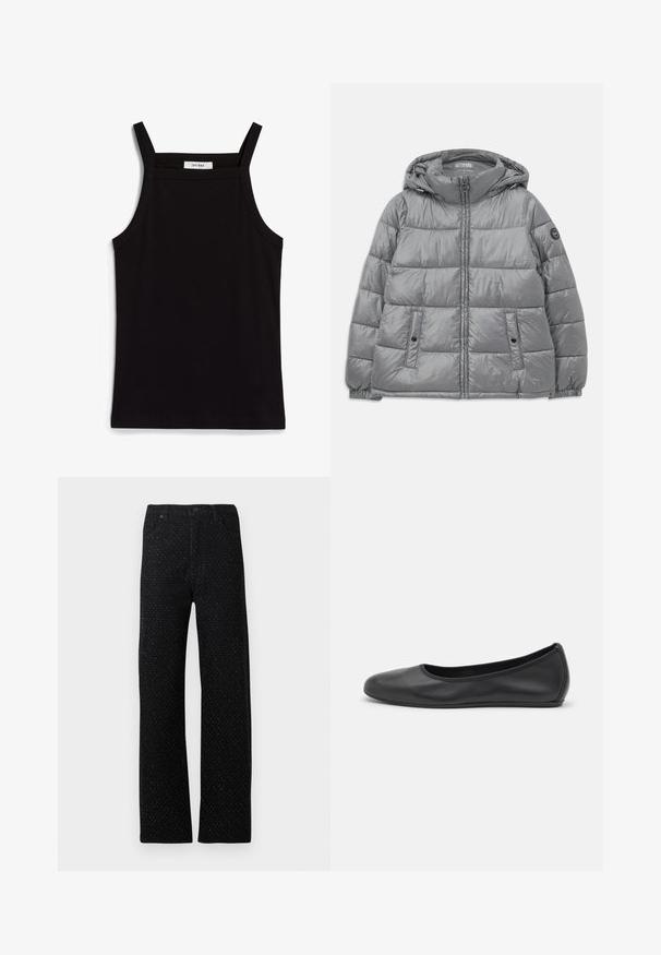 Gepolsterte graue Jacke mit Kapuze, Reißverschluss vorne, zwei seitlichen Taschen, elastischen Bündchen und einem runden Logo auf dem linken Ärmel. Glatte, glänzende Textur.; Schwarzes Tanktop mit dünnen Spaghetti-Trägern, aus geripptem Stoff, mit geradem Schnitt und einem Etikett am Hals, auf dem "IVY OAK" steht.; Schwarze Denim-Hose mit geradem Bein, das mit einem strukturierten Muster aus kleinen Punkten und fünf Taschen ausgestattet ist, einschließlich Vorder- und Rückentaschen.; Schwarze Leder-Ballettschuhe mit abgerundeter Spitze, glatter Textur, minimalen Nähdetails und einem flexiblen Sohlen-Design.