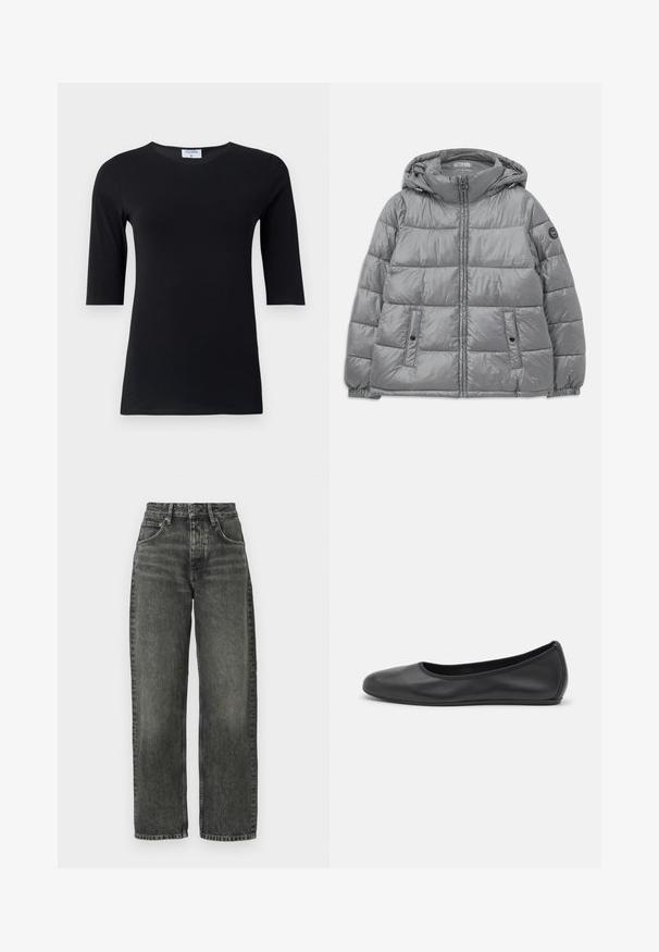 Veste grise rembourrée avec capuche, fermeture éclair à l'avant, deux poches latérales, poignets élastiques et un logo circulaire sur la manche gauche. Texture lisse et brillante.; Haut noir à manches longues fabriqué en tissu doux et extensible. Dispose d'un col rond et d'une silhouette ajustée avec des manches de longueur intermédiaire.; Won Hundred ALEXANDRA - Jean boyfriend - tinted black; Ballerines en cuir noir avec un bout rond, texture lisse, détails de couture minimalistes et design de semelle flexible.