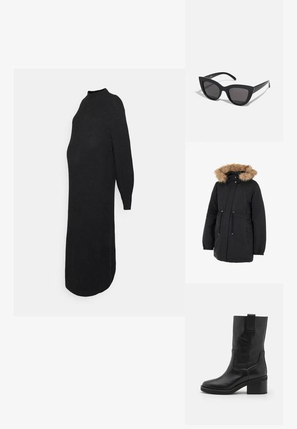 Zwarte parka jas met een faux fur gevoerde capuchon, elastische manchetten, een trekkoord in de taille en twee voorzakken. Glad materiaal met een lichte glans.; ONLY MATERNITY OLMLUCCA DRESS - Gebreide jurk - black; Nubikk CASSY SLOUCH - Cowboy-/Bikerlaarzen - black; Zwarte cat-eye zonnebril met een matte afwerking, voorzien van grijs getinte glazen, scherpe hoeken en slanke zijarmen. Merkennaam zichtbaar op de binnenarm.