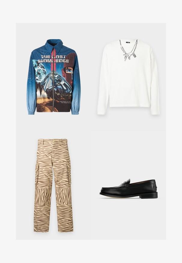 Veste zippée graphique bleue avec un thème cosmique, comprenant des planètes et des montagnes. Poignets élastiques, texte en gras et éléments de design vibrants.; Chemise blanche à manches longues en coton avec une coupe décontractée, ornée d'un graphique noir représentant des colliers superposés sur la poitrine.; Pantalons cargo avec un imprimé zèbre beige et crème. Les caractéristiques incluent une jambe droite, deux poches latérales et une fermeture à bouton avec des accents métalliques.; Mocassin homme en cuir noir avec un petit talon et une couture de style mocassin sur l'avant, vu de côté sur un fond uni.