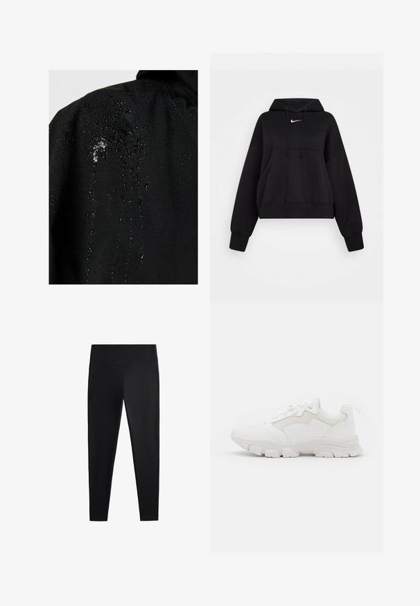 Sort stof med vanddråber, der perler og løber ned ad overfladen, hvilket fremhæver dets vandafvisende egenskaber.; Sort cropped hoodie lavet af blødt stof, med hætte med snor, frontlomme til hænderne og et lille hvidt Nike-logo på brystet.; Sorte leggings lavet af glat, strækbart stof. Har en bred talje og en tapered ben-design, velegnet til aktiv eller afslappet brug.; NA-KD Sneakers - white