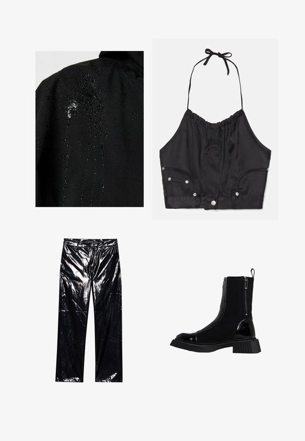 Sort stof med vanddråber, der perler og løber ned ad overfladen, hvilket fremhæver dets vandafvisende egenskaber.; Sort satin halterneck crop top med samlede tekstur, justerbar snor i halsen, knapper foran og to sidelommer med sølv hardware detaljer.; Sorte, højglans, faux læderbukser med brede ben, klassisk fem-lomme design, knap- og lynlåslukning samt blank overflade.; Sorte ankelstøvler med blanke og matte teksturer, med dobbelte lynlåse på siden, en ribbet tyk sål og en rund tåform.