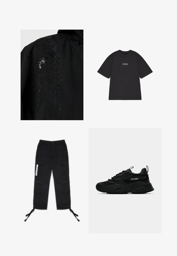 Tissu noir avec des gouttes d'eau perlées et s'écoulant sur la surface, mettant en avant ses propriétés hydrofuges.; T-shirt en coton noir à manches courtes, avec un petit texte graphique blanc "PEGAIDOR PGDR" sur le devant. Design simple à encolure ras du cou.; Pegador TANAMI WIDE PANTS - Pantalon cargo - black; Sneaker chunky noir Steve Madden avec des panneaux en mesh, semelle épaisse, languette et tirant au talon, lettrage du logo sur le côté, montré de profil.