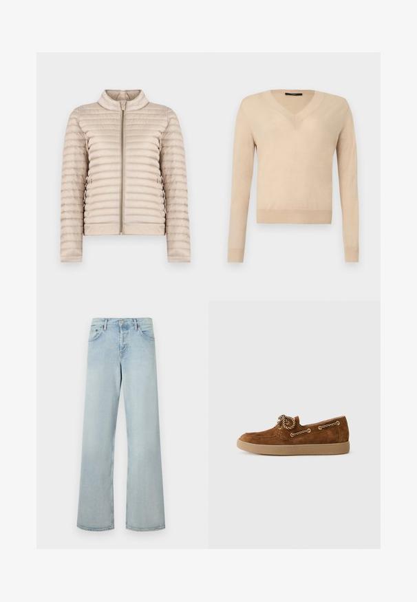 Beige quiltet letvægtsjakke med en opretstående krave og frontlynlås, vist på en ens hvid baggrund.; Beige langærmet V-hals sweater med ribbede ærmekanter og kant, ensfarvet strikstof, vist på hvid baggrund.; Lyseblå højtaljede vidde cowboybukser med knapper og lynlås foran, for- og baglommer samt diskret falmen på benene.; Brun ruskinds loafer med en rund tå, kontrastfarvet tan gummisål, og dekorative guld-tone snørebånd langs siden.
