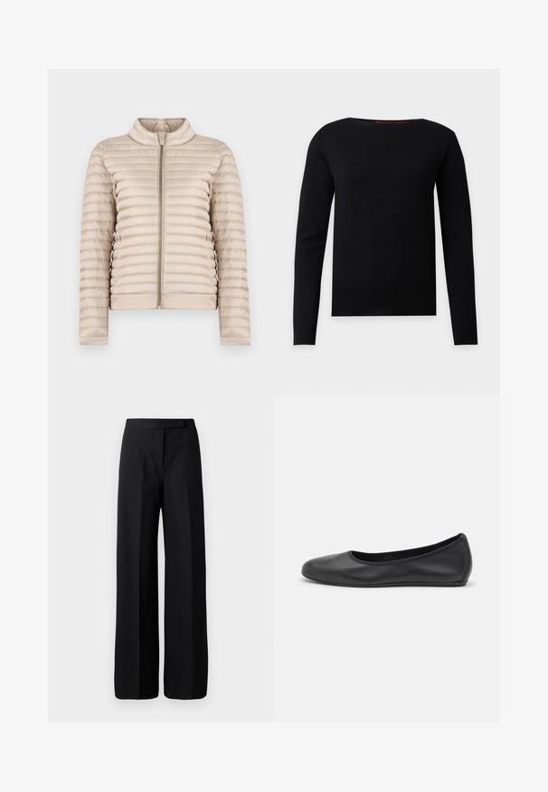 Chaqueta ligera beige acolchada con cuello alto y cierre frontal de cremallera, mostrada sobre un fondo blanco liso.; Jersey negro de manga larga con cuello redondo y un diseño sencillo y ajustado sobre un fondo gris claro.; Pantalones negros de pierna ancha con una textura suave y mate. Cintura plana sin herrajes visibles ni patrones. Diseño simple y elegante.; Bailarina de piel negra con punta redondeada, textura suave, detalle de costura minimalista y diseño de suela flexible.