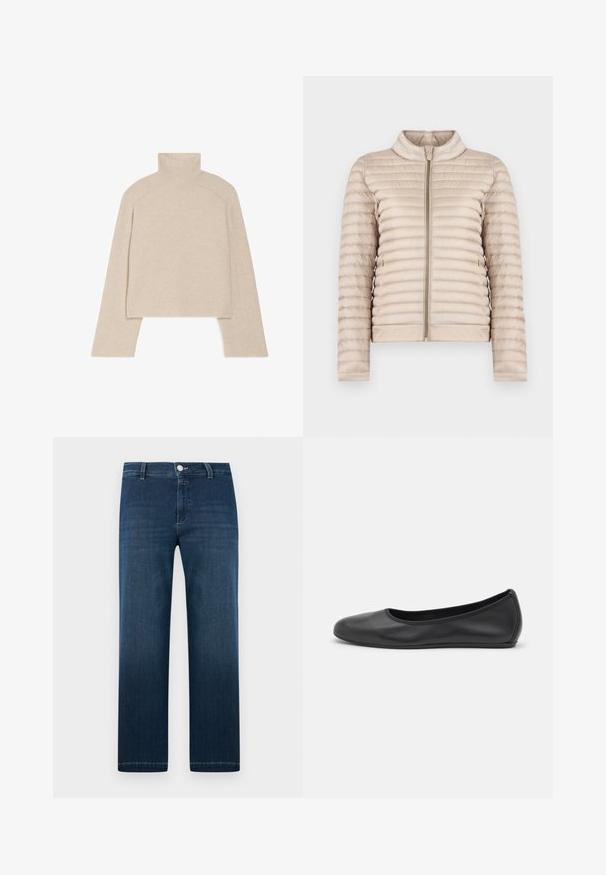 Beige quiltet letvægtsjakke med en opretstående krave og frontlynlås, vist på en ens hvid baggrund.; Beige ribbet turtleneck sweater med lange ærmer og en tætsiddende design, der har en høj krave og et tekstureret strikkemønster.; Mørkeblå jeans med lige ben, frontknap og lynlås, bæltestropper og diskret falming på lårene.; Sort læderballetsko med rund tå, glat tekstur, minimal syning og et fleksibelt såldesign.