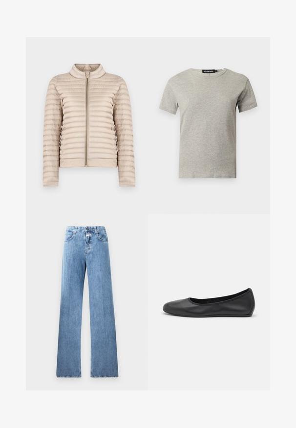 Beige quiltet letvægtsjakke med en opretstående krave og frontlynlås, vist på en ens hvid baggrund.; Lysegrå kortærmet crew neck bomulds T-shirt med synligt sort mærke inde i kraven med teksten "DENIM" og størrelse "S".; Lyseblå denim jeans med vid ben-design, fem lommer, bæltestropper og knaplukning. Stofmaterialet har en glat tekstur.; Sort læderballetsko med rund tå, glat tekstur, minimal syning og et fleksibelt såldesign.