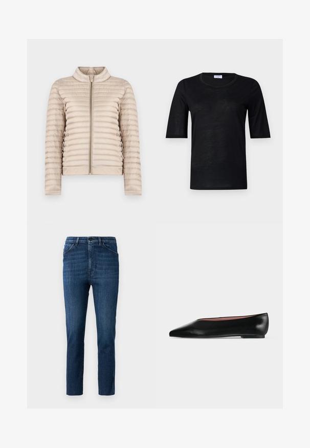 Beige doorgestikte lichtgewicht jas met een opstaande kraag en een rits aan de voorkant, afgebeeld op een effen witte achtergrond.; Zwarte T-shirt met korte mouwen van lichtgewicht stof, met een ronde hals, voorzien van een zachte textuur en een comfortabele pasvorm.; Blauwe slim-fit jeans met een klassiek vijf-pocket ontwerp en knoopsluiting, voorzien van subtiele vervaging en een schone rechte pijp.; Zwarte leren damesschoen met platte zool, puntige neus en lage hak, zijwaarts afgebeeld tegen een effen lichtgrijze achtergrond.