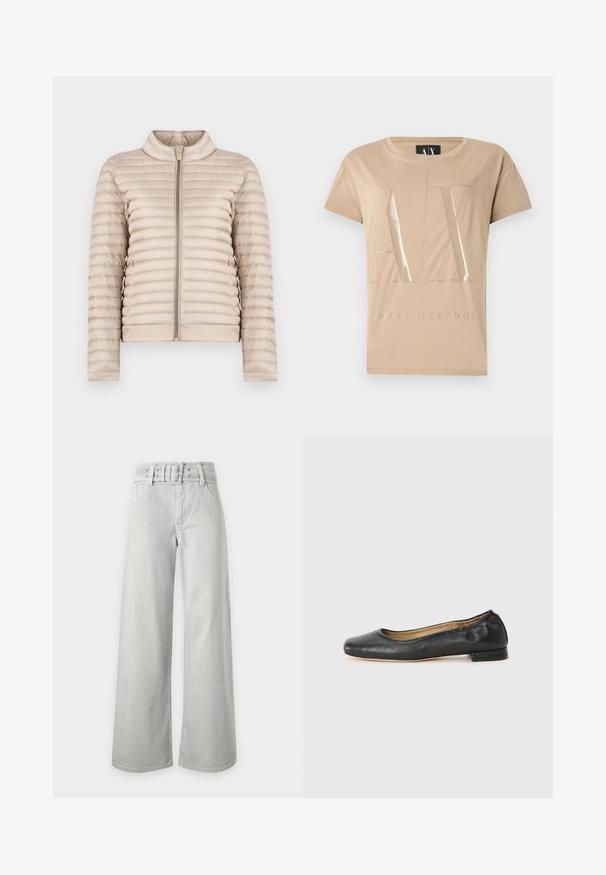 Veste légère matelassée beige avec col montant et fermeture éclair à l'avant, présentée sur un fond blanc uni.; T-shirt beige à manches courtes avec de grandes lettres brillantes "A|X" et le texte "Armani Exchange" en dessous, sur le devant.; Jean gris clair taille haute à jambes larges, avec poches avant, passants de ceinture et ceinture en tissu assortie avec boucle.; Ballerines en cuir noir avec un bout arrondi et des coutures minimales. Talon bas et rectangulaire avec une texture lisse. Détails subtils de doublure intérieure.