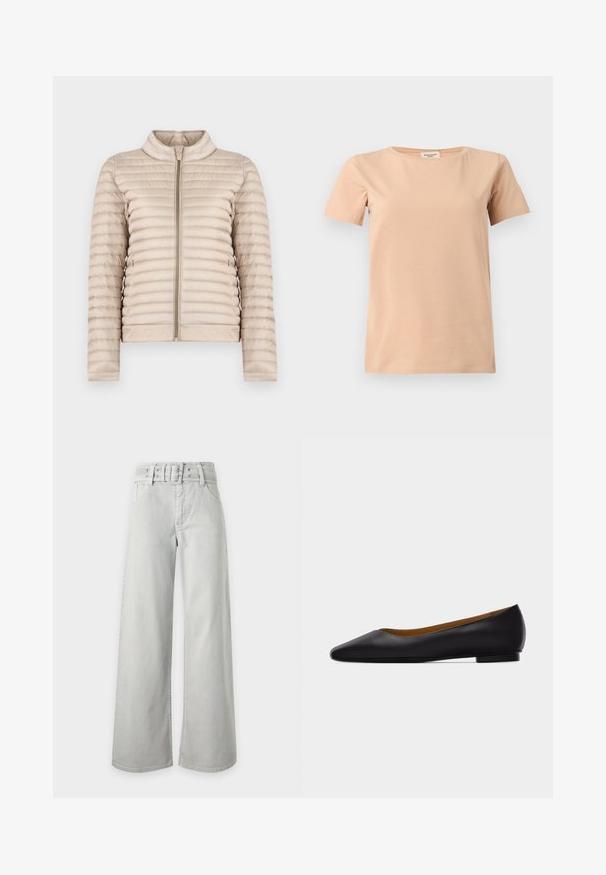 Veste légère matelassée beige avec col montant et fermeture éclair à l'avant, présentée sur un fond blanc uni.; T-shirt beige manches courtes avec col rond et ourlet droit sur un fond uni gris clair.; Jean gris clair taille haute à jambes larges, avec poches avant, passants de ceinture et ceinture en tissu assortie avec boucle.; Chaussure plate en cuir noir à bout pointu avec talon bas et finition lisse, vue de côté sur un fond gris clair.