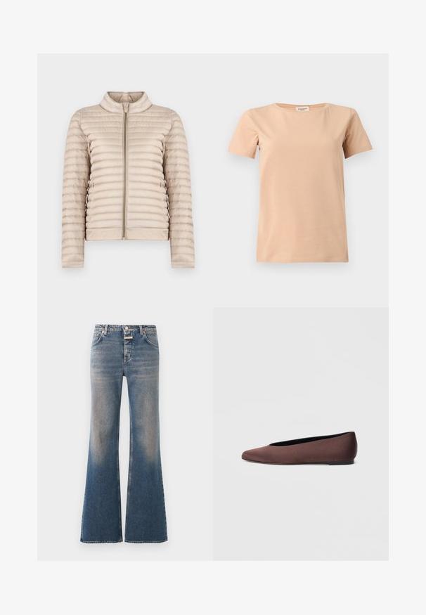 Veste légère matelassée beige avec col montant et fermeture éclair à l'avant, présentée sur un fond blanc uni.; T-shirt beige manches courtes avec col rond et ourlet droit sur un fond uni gris clair.; Jean en denim bleu délavé avec une taille haute, style classique cinq poches, fermeture par boutons et jambes évasées larges.; Ballerines en tissu marron avec un bout pointu et une texture lisse, dotées d'un talon bas et d'une fine semelle noire. Aucune motif ni élément métallique visible.
