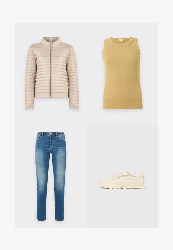 Beige doorgestikte lichtgewicht jas met een opstaande kraag en een rits aan de voorkant, afgebeeld op een effen witte achtergrond.; Mouwloos geribd tanktop in beige met ronde hals, gemaakt door Drykorn, afgebeeld tegen een witte achtergrond.; Lichtblauwe denim jeans met een rechte pasvorm, voorzien van een hoge taille, vijf zakken en subtiele vervaging. Metalen knoop en stiksels zijn zichtbaar.; Low-profile sneaker in crèmekleur met golvende stiksels, vetersluiting en een geribbelde zool, zijaanzicht tegen een effen achtergrond.