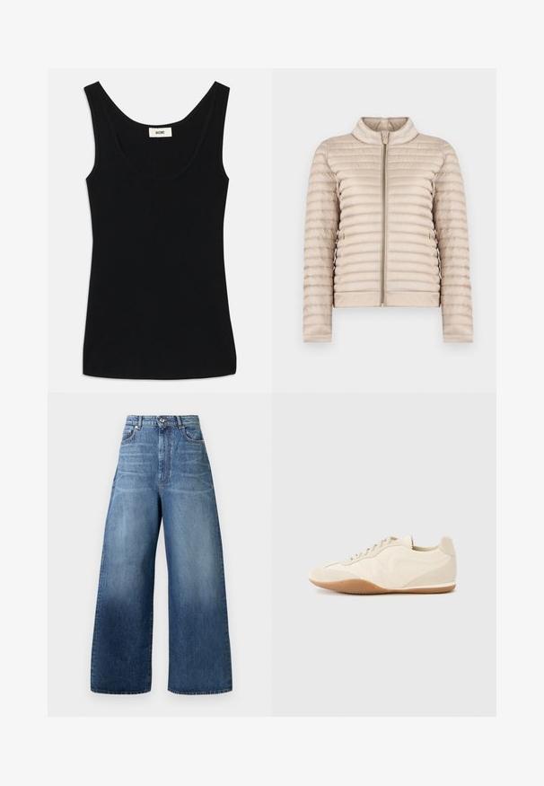 Beige gesteppte leichte Jacke mit Stehkragen und Frontreißverschluss, dargestellt auf einem schlichten weißen Hintergrund.; Schwarzes Tanktop aus weichem Stoff mit Rundhalsausschnitt und breiten Schulterträgern. Es hat eine taillierte Form und ein sauberes, nahtloses Design.; Weit geschnittene blaue Jeans aus Denim mit hoher Taille, vorderem Knopf und Reißverschluss sowie traditionellem Fünf-Taschen-Design.; Hellbeige Sneaker mit strukturiertem Lederupper, strukturierten seitlichen Einsätzen und einer Gummisohle. Verfügt über ein schlankes, stromlinienförmiges Design und flache Schnürsenkel.