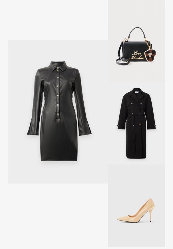 Schwarzer doppelreihiger Trenchcoat mit Gürtel, großem Kragen, geknöpften Manschetten und aufgesetzten Fronttaschen, mit dem Etikett Moschino Jeans.; Schwarzes Kunstlederkleid mit langen, ausladenden Ärmeln, Kragen und einer Knopfleiste mit runden silbernen Knöpfen. Glatte Textur.; Beiger High-Heel-Pumps aus lackiertem Leder mit spitzer Zehenpartie und schlankem Stiletto-Absatz, mit einem kleinen goldenen Akzent an der Rückseite.; Moschino Handtasche "Black Love" mit goldfarbenem Schriftzug-Logo, Henkel oben, abnehmbarem Schulterriemen und angebrachtem herzförmigen Schlüsselanhänger in Braun und Schwarz.