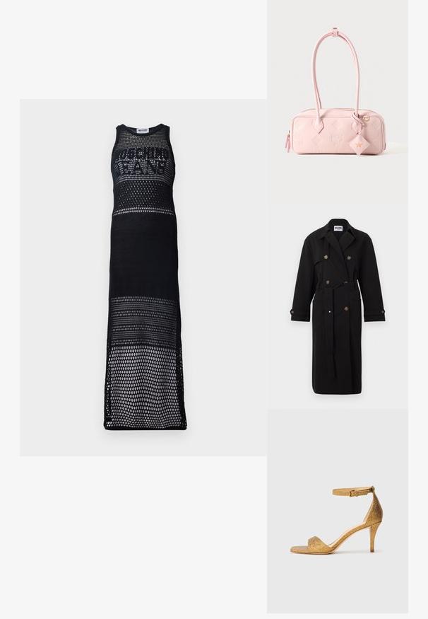 Mustast topeltkarvaga trentška mantel vöö, suure krae, nööbitavate varrukaotste ja esipatch taskutega, millel on silt Moschino Jeans.; Must mustriga maxi kleit ilma varrukateta disainiga. Omab suurt logo rinna piirkonnas, esitledes avatud kudumismustrit ja sirget siluetti.; Kuldne sära kõrged sandaalid, millel on pahkluu rihm ja klamber, avatud varvas ja saledad stilettokand, üheltoonil taustal.; Hele roosa ristkülikukujuline käekott kahe kõrge sangaga, reljeefsete logodega ja riputatava teemantkujundiga nahast sildiga kuldse embleemiga.