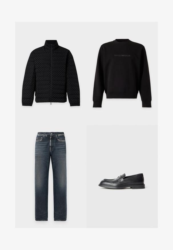 Zwarte jas met volledige ritssluiting, opstaande kraag, lange mouwen, elastische manchetten en een subtiel herhaald "AX"-patroon over het gehele oppervlak.; Zwarte longsleeve trui met ronde hals en subtiel reliëf Emporio Armani-logo in het midden van de borst tegen een effen achtergrond.; Donkerblauwe spijkerbroek met een relaxed fit, met subtiele vervaging, een rechte pijp en een klassiek vijf-pocket ontwerp.; Zwarte leren loafers met een gestructureerde afwerking, voorzien van een decoratieve voorstrik en een afgeronde neus. Rubberzool voor duurzaamheid.