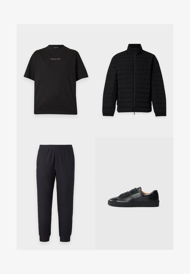 Zwarte jas met volledige ritssluiting, opstaande kraag, lange mouwen, elastische manchetten en een subtiel herhaald "AX"-patroon over het gehele oppervlak.; Zwart T-shirt met korte mouwen en ronde hals met het "MICHAEL KORS"-logo gecentreerd in kleine gouden letters op de borst.; Zwarte taps toelopende joggingbroek met elastische tailleband en boorden, voorzien van een subtiel textuurpatroon en zijzakken.; Zwarte leren sneaker met een gladde textuur, ronde neus en vetersluiting. Heeft een dikke rubberen zool en minimale merkaanpassing.