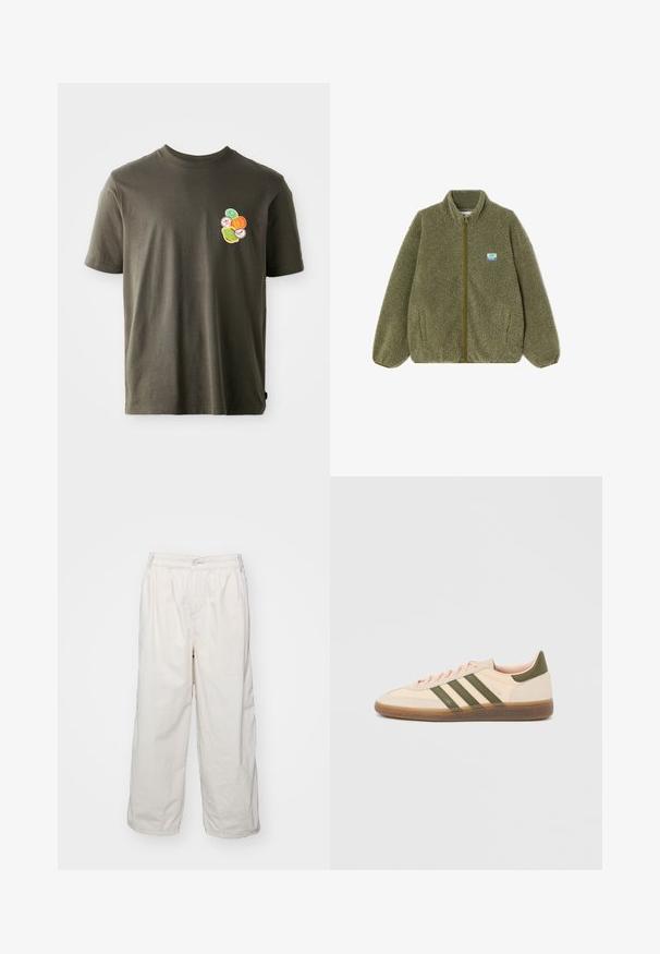 Oliivinvihreä fleece-takki, jossa on vetoketju edessä, seisova kaulus ja elastiset hihansuut. Rinnassa pieni sininen ja keltainen logopatchi.; Tummanoliivinvihreä puuvillapaita, jossa on pyöreä kaulus. Paidassa on värikäs painatus, jossa on pyöreitä muotoja vasemmassa rinnassa.; Valkoiset puuvillaiset leveälahkeiset housut, joissa on joustava vyötärö, etupainike ja sivutaskut. Sujuva pinta ja minimalismi muotoilu.; Matala profiilinen beige Adidas Spezial -lenkkarit vihreillä raidoilla, kumipohjalla ja "SPEZIAL"-logolla sivussa, kuvattuna ulkopuolelta.
