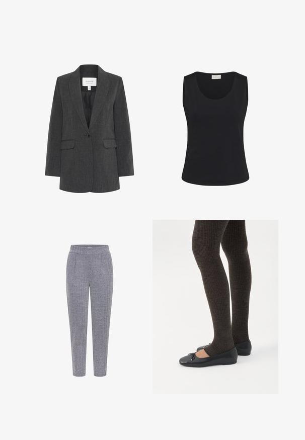 Donkergrijze blazer met enkele knoop, notch-revers, voorzakken met klep en zwarte voering.; Zwarte mouwloze top gemaakt van gladde stof, met een ronde halslijn en een getailleerd silhouet. Eenvoudig ontwerp zonder versieringen.; Hondstooth-patroon broek in marineblauw en wit, met een gestructureerde stof, elastische tailleband en taps toelopend ontwerp.; Benen met donkere geribbelde leggings gecombineerd met zwarte ballerina's met kleine strikdetails op een witte achtergrond.