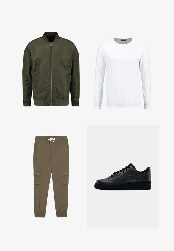 Veste bomber vert olive en tissu lisse, avec fermeture éclair devant, poignets côtelés et un design classique sans col.; T-shirt blanc à manches longues en coton, avec un col rond et une texture lisse. Sans motifs ni accents. Design simple.; Pantalons cargo kaki avec une taille élastique et un cordon de serrage, dotés de poches latérales et de chevilles côtelées. Fabriqués en matériau texturé et léger.; Baskets Nike Air Force 1 noires avec un dessus en cuir lisse, bout perforé pour la respirabilité, lacets noirs et semelle en caoutchouc texturé.