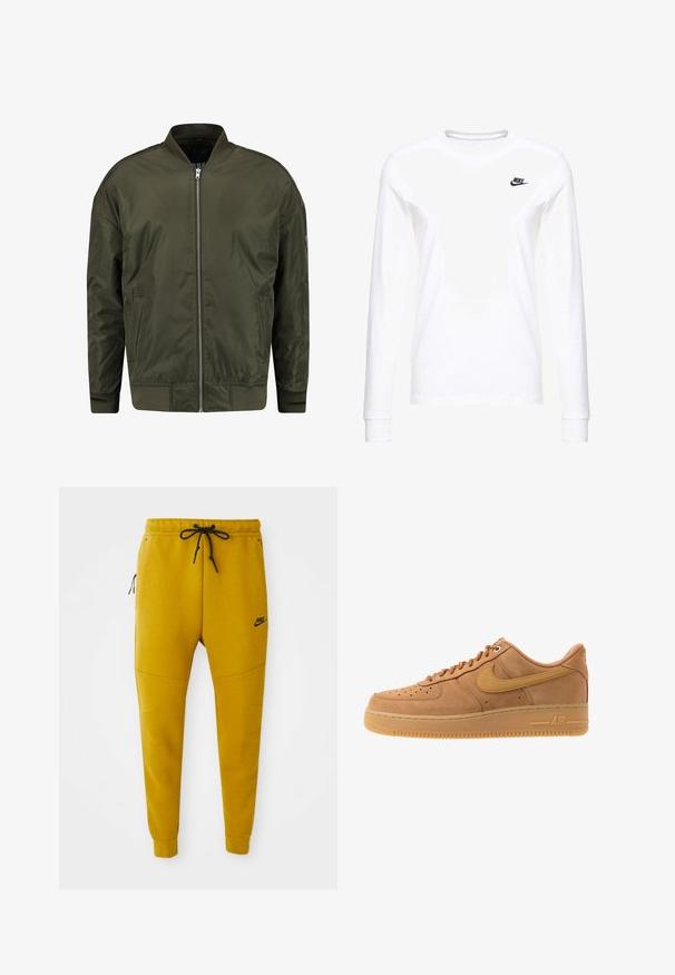 Oliven grøn bomberjakke lavet af glat stof, med frontlynlås, ribbede manchetter og et klassisk kravefrit design.; Hvid langærmet T-shirt lavet af bomuld, med et lille sort Nike-logo på venstre bryst og en rund halsudskæring. Glat tekstur.; Sennepsgule Nike joggebukser med sort snor, lynlåslomme i siden, ribstrikkede manchetter og Nike-logo på venstre lår.; Nike Sportswear AIR FORCE 1 07 - Sneakers - flax/wheat/light brown/black/team gold