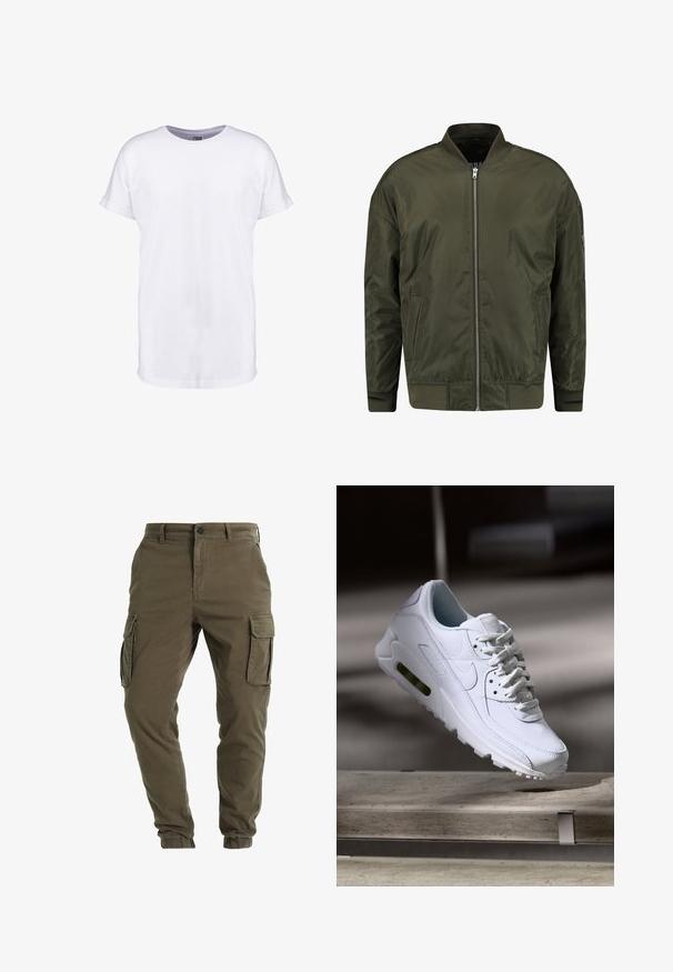 Chaqueta bomber verde oliva hecha de tela suave, con cremallera frontal, puños acanalados y un diseño clásico sin cuello.; Camiseta blanca lisa de manga corta con puños remangados y cuello redondo, mostrada sobre un fondo blanco.; Pantalones cargo de algodón verde oliva, con bolsillos laterales, tobillos ajustados y cierre de botón. Textura suave con costuras reforzadas.; Zapatilla blanca de piel con superficies texturizadas, cuello acolchado y amortiguación de aire visible en la suela. Presenta cordones y un diseño minimalista.