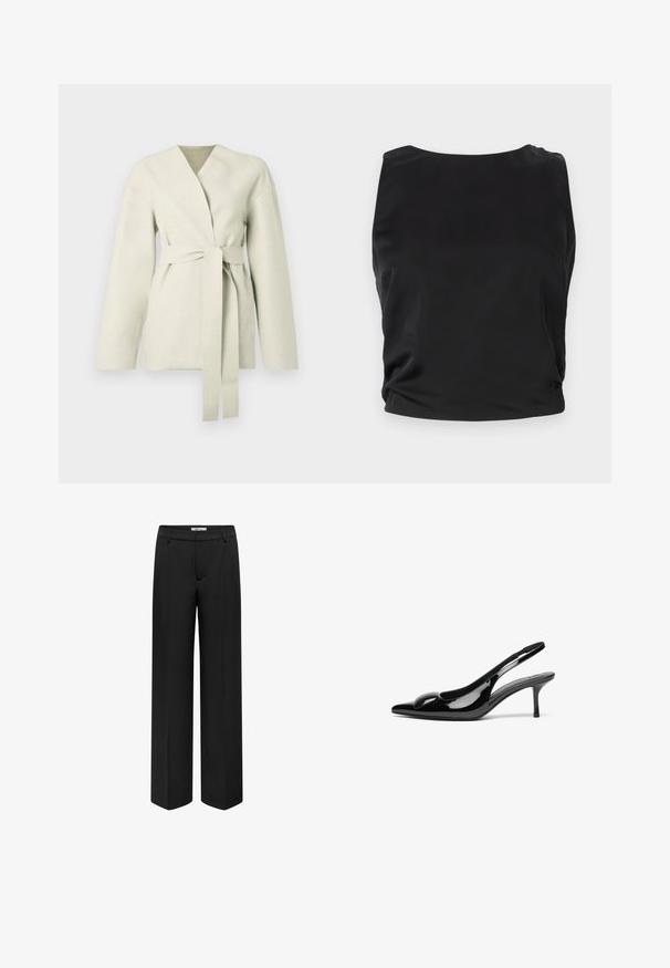 Veste gris clair style kimono en tissu doux. Présente un col en V, des manches longues, et une ceinture assortie à nouer à la taille.; Débardeur noir sans manches avec une texture lisse et brillante ; il présente un col rond et des détails froncés sur les côtés pour une silhouette ajustée.; Pantalons larges noirs en tissu lisse, dotés d'une taille, de poches avant et d'une coupe ajustée. Pas de motifs ni d'accents visibles.; Escarpins slingback en cuir verni noir avec un bout pointu et une finition brillante. Présente un talon fin et un accent arrondi au dessus du pied.