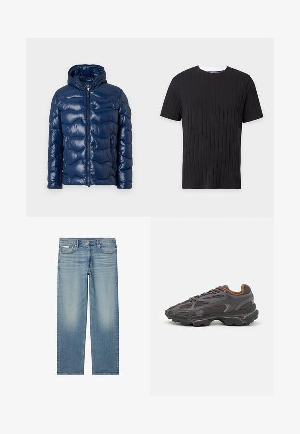 Marineblaues Pufferjacke mit glänzender Oberfläche, Kapuze, Frontreißverschluss und gestepptem Design. Verfügt über zwei Seitentaschen. Weicher Stoff.; Schwarzes kurzärmeliges, geripptes Strick-T-Shirt mit weißem Rundhalsausschnitt, auf einfarbigem Hintergrund dargestellt.; Hellblaue Jeans mit geradem Bein, ausgewaschenen Details, vorderem Knopf und Reißverschluss sowie einem Fünf-Taschen-Design inklusive kleinem Calvin Klein Label auf der Tasche.; Lacoste Sneaker in Dunkelgrau aus Mesh und Synthetikmaterial, mit einer strukturierten Sohle und braunen Akzenten am Kragen und Logo.