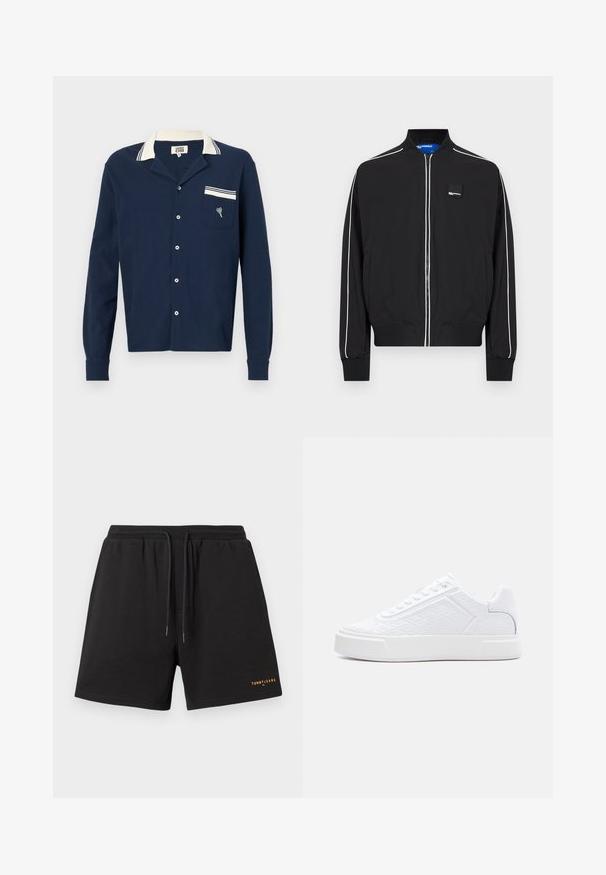 Schwarze Bomberjacke mit Reißverschluss, weißer Paspelierung an Ärmeln und Vorderseite, gerippten Bündchen und Kragen sowie einem kleinen Logo-Patch auf der Brust.; Marineblaue Hemdbluse aus strukturiertem Stoff mit weißem Kragen und einer Tasche, die ein Herzdesign und einen gestreiften Akzent aufweist.; Schwarze Shorts aus weichem Stoff mit einem elastischen Bund und einem Kordelzug sowie einem kleinen orangefarbenen "TOMMYJEANS"-Logo am Saum.; Weißer Sneaker mit niedrigem Schaft, geprägt mit geometrischem Muster, Schnürverschluss und dicker Sohle, seitlich auf weißem Hintergrund dargestellt.